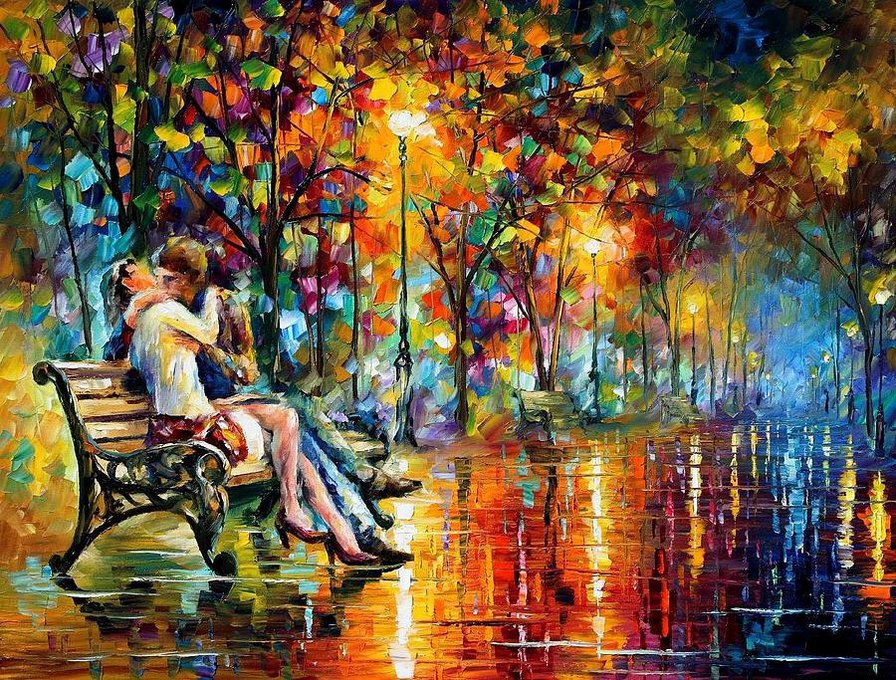 Свиданью дождик не помеха - влюбленные, афремов, картина, пара, поцелуй, любовь, парк - оригинал