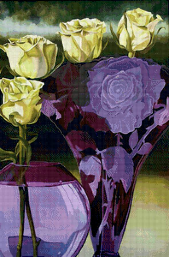 розы в фиолетовой вазе - натюрморт, букет, кувшин, ваза, розы, цветы, живопись - предпросмотр
