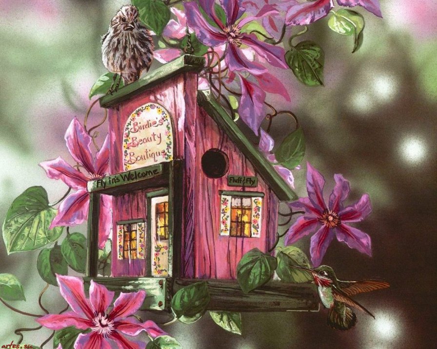 Птичий домик 2 - птицы, цветы, скворечник - оригинал