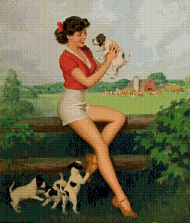 Девушка на ферме - пин ап, девушка, pin up, щенок, ферма - предпросмотр