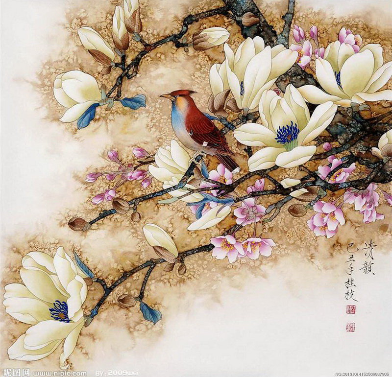 восточные мотивы - картина, цветы, искусство, живопись, птицы - оригинал