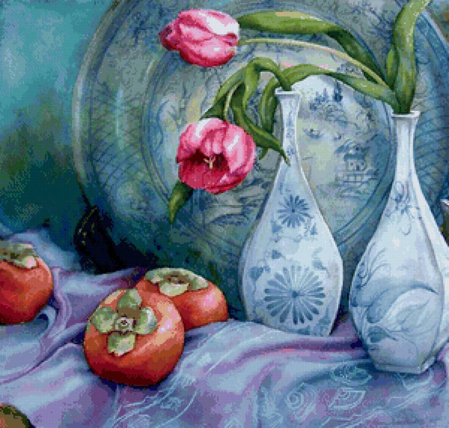 тюльпаны и хурма - живопись, букет, хурма, весна, натюрморт, ваза, тюльпаны, цветы - предпросмотр