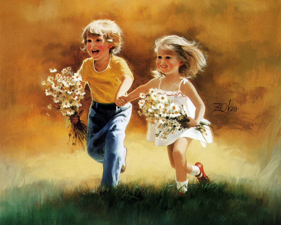 счастливое детство - ромашки, мальчик, бег, детство, счастье, дети, девочка, цветы - оригинал