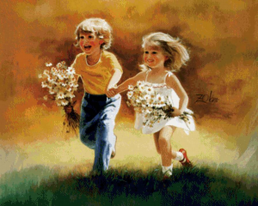 счастливое детство - цветы, девочка, детство, мальчик, бег, ромашки, дети, счастье - предпросмотр