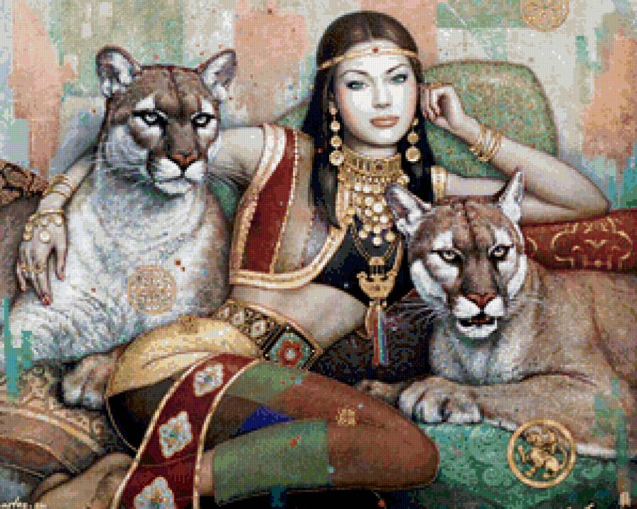 красивая женщина с пумами - девушка, пума, красавица, арт, восток, животное, женщина, кошка - предпросмотр
