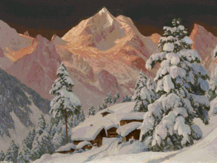 деревня в горах - пейзаж, живопись, альпы, горы, зима, природа, снег, вечер, закат - предпросмотр