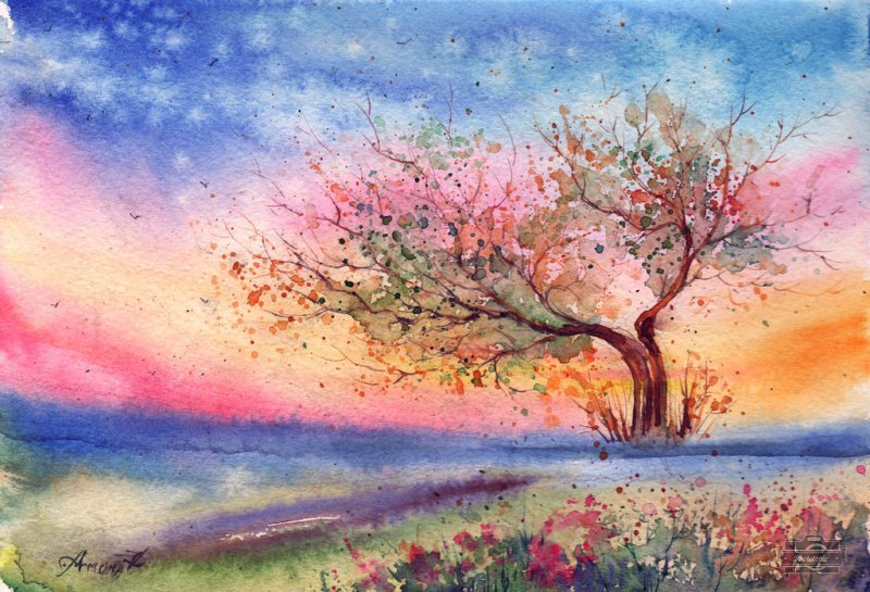 акварельное дерево - закат, краски, дерево, природа, акварель, арт - оригинал
