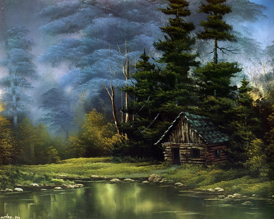 дом лесника - природа, лесник, дом, пруд, ночь, живопись, лес, пейзаж - оригинал