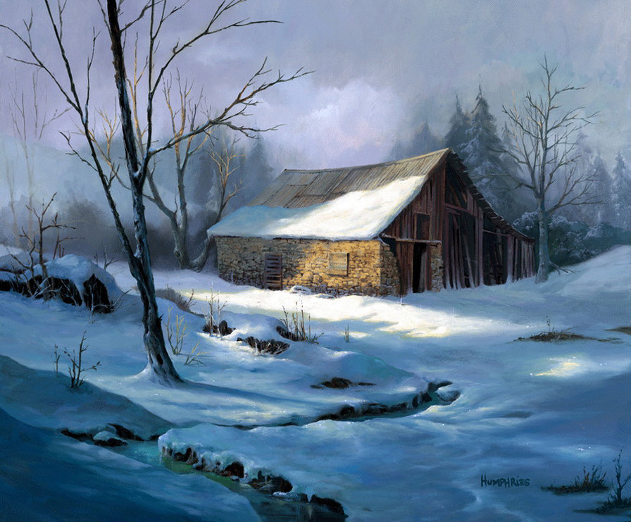 зимний пейзаж - природа, зима, живопись, мороз, домик, снег, пейзаж, деревня - оригинал