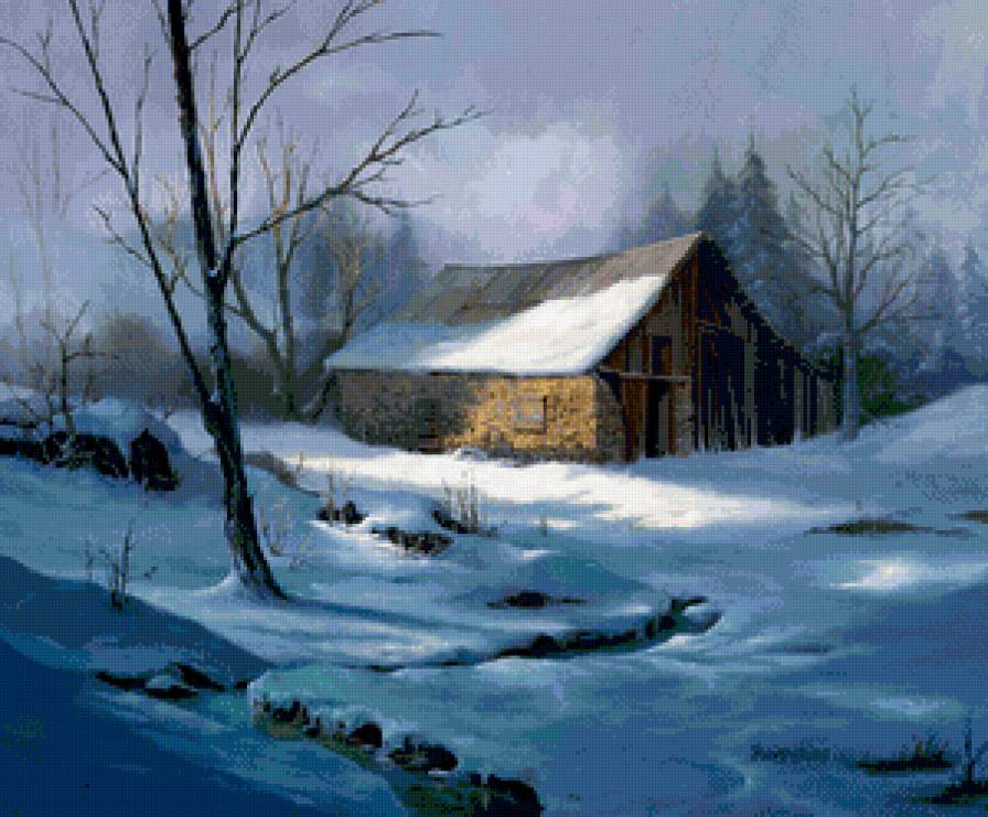 зимний пейзаж - мороз, домик, природа, снег, живопись, деревня, пейзаж, зима - предпросмотр