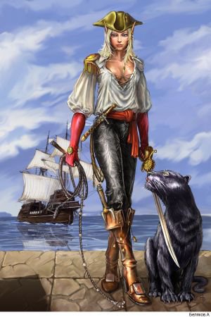 Девушка - пират - корабль, море, фэнтези, тигр, пиратка - оригинал