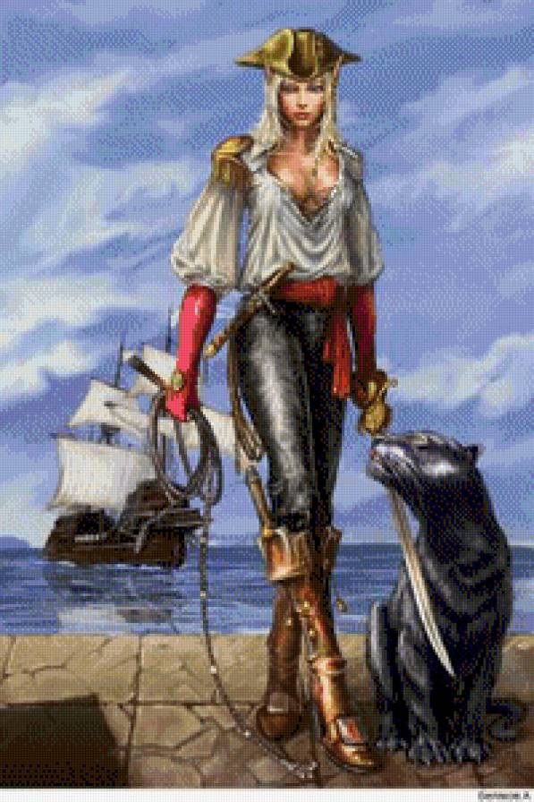 Девушка - пират - море, корабль, тигр, пиратка, фэнтези - предпросмотр