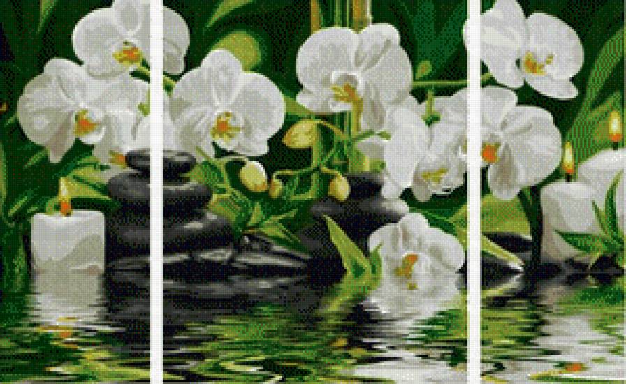 Триптих "Романтика орхидеи" - свечи, панно, отражение, романтика, цветы, триптих - предпросмотр