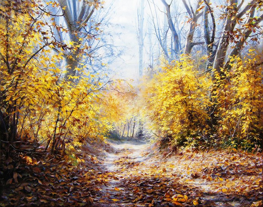 золотая осень в парке - живопись, пейзаж, дерево, золото, аллея, осень, природа, парк - оригинал