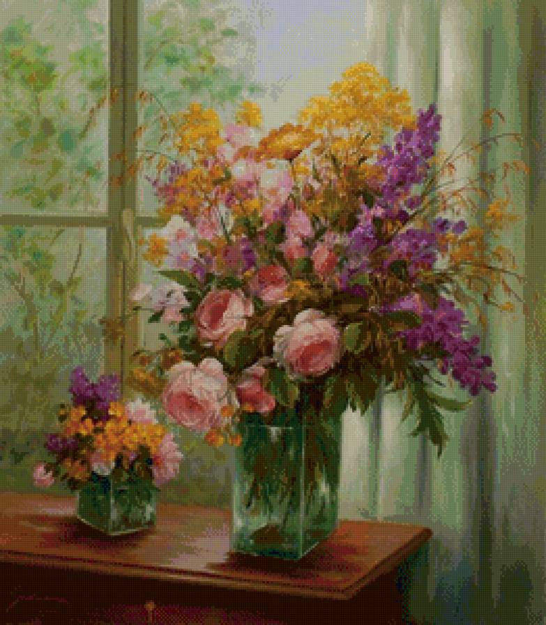 цветы в вазе у окна - букет, окно, розы, цветы, лето, ваза, живопись - предпросмотр