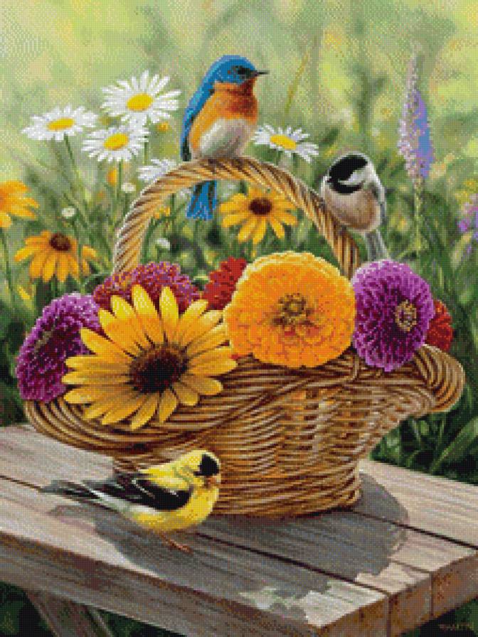 птицы на корзине с цветами - птицы, цветы - предпросмотр
