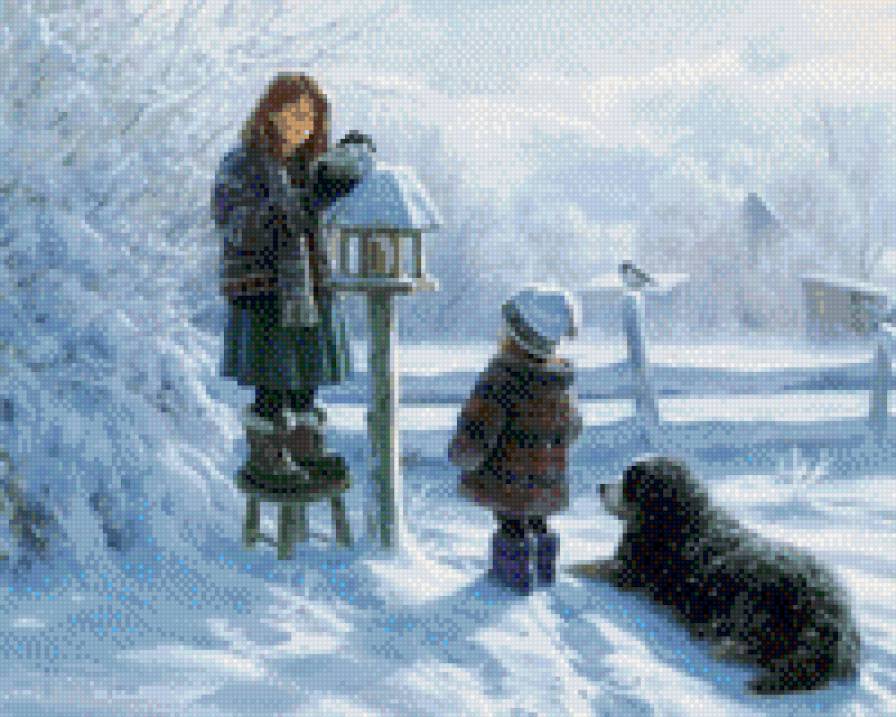 Зимнее утро - ребенок, снег, утро, зима, собака - предпросмотр