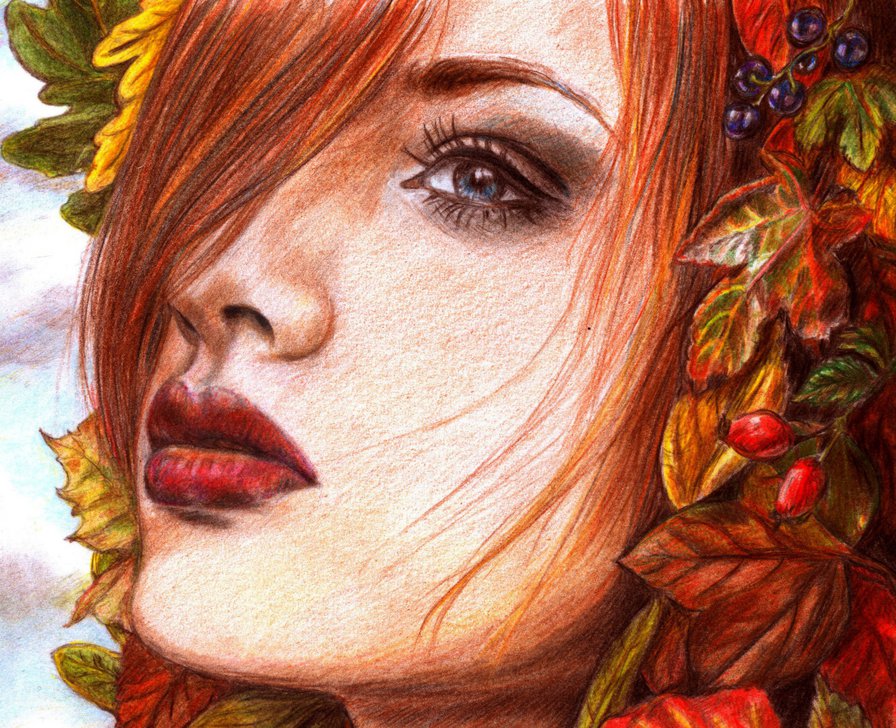 Осенняя девушка - девушка, рыжая, шиповник, рябина, арт, листья, ягоды, осень - оригинал
