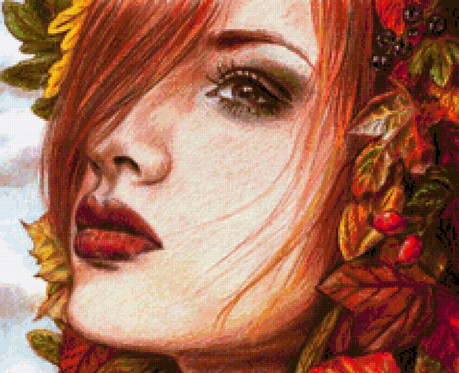 Осенняя девушка - осень, рыжая, шиповник, листья, ягоды, арт, девушка, рябина - предпросмотр