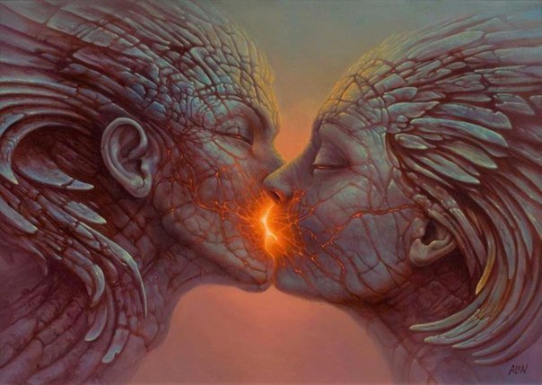 Огненный поцелуй - влюбленные, статуи, поцелуй, солнце, огонь - оригинал