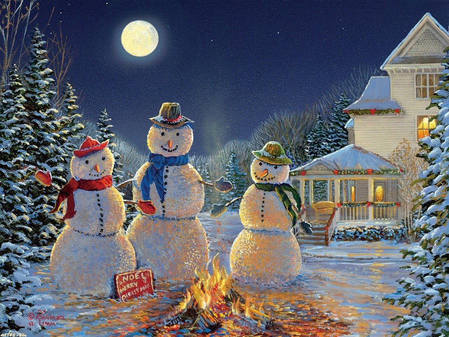новый год идёт - праздник, снеговик, снег, новый год, вечер, зима, дом - оригинал