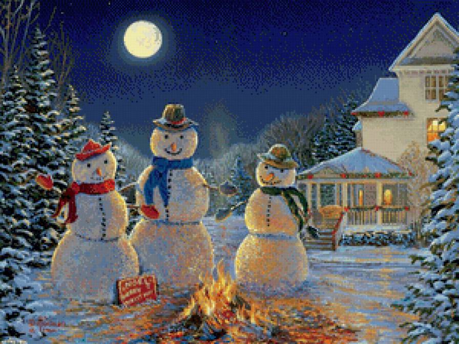 новый год идёт - снег, снеговик, вечер, праздник, дом, зима, новый год - предпросмотр