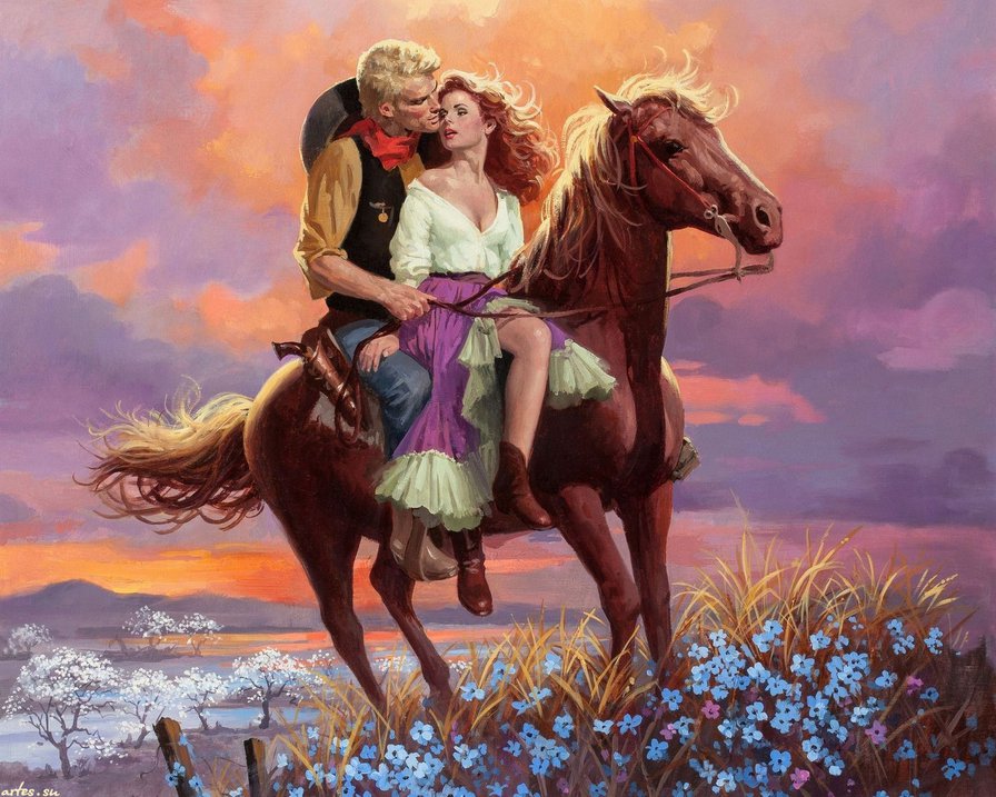 влюблённая пара на коне - закат, любовь, страсть, пара, романтика, конь, лошадь - оригинал