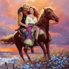 Оригинал схемы вышивки «влюблённая пара на коне» (№933095)