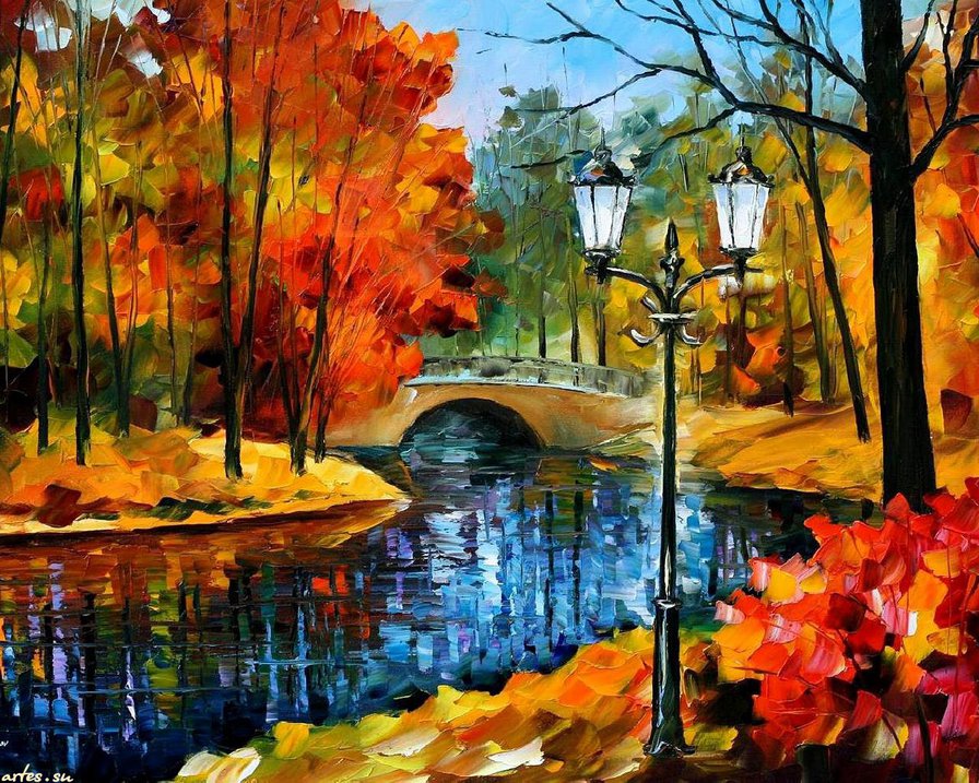 золотая осень в парке - пейзаж, осень, мост, парк, фонарь, золото, река, живопись - оригинал
