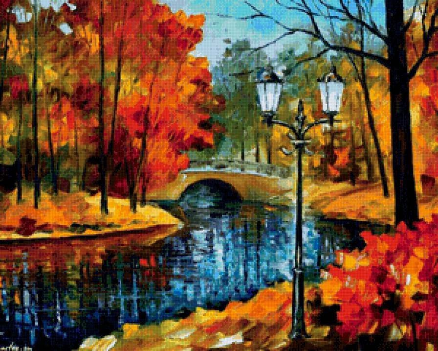 золотая осень в парке - река, живопись, мост, осень, пейзаж, фонарь, парк, золото - предпросмотр