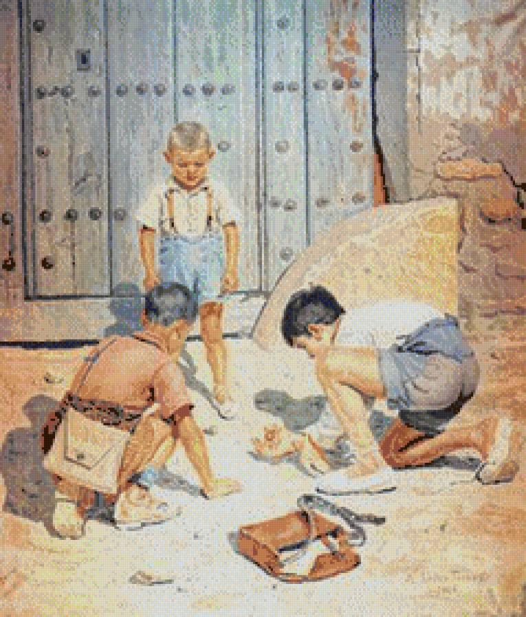 Niños jugando a las canicas en Tomeñoso - obra pintores - предпросмотр