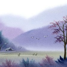 журавли в тумане (японский пейзаж)