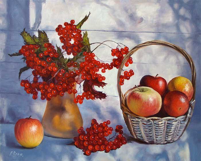 натюрморт с калиной - александр воля, калина, яблоки, живопись, ягоды, картина - оригинал