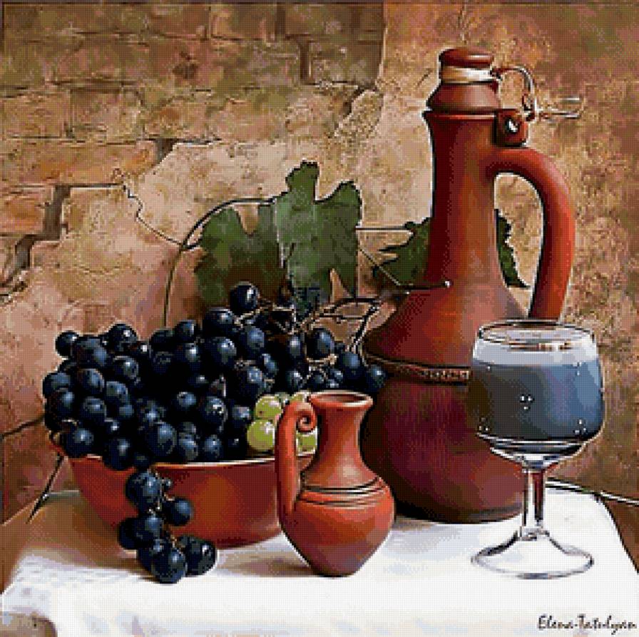 натюрморт с виноградом и кувшином - натюрморт, вино, виноград, еда, фрукты, кухня - предпросмотр