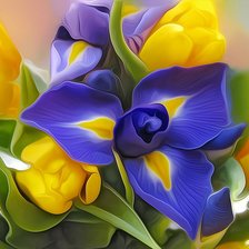 Ирисы и желтые тюльпаны