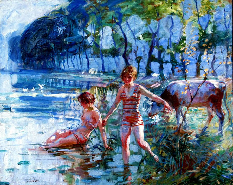 купание в реке - река, деревня, корова, ребенок ребенок, мать, купание, живопись - оригинал