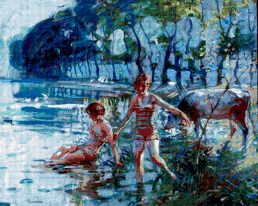 купание в реке - деревня, корова, купание, ребенок ребенок, живопись, мать, река - предпросмотр