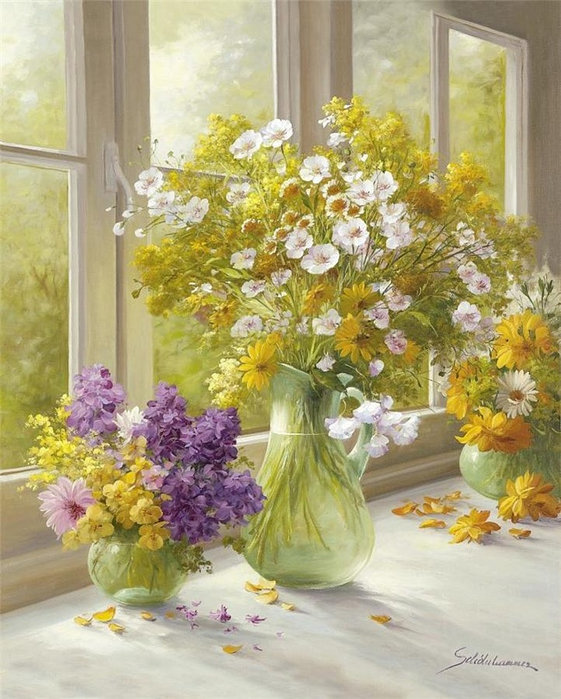 цветы в вазе у окна - ромашки, окно, ваза, живопись, натюрморт, букет, цветы, сирень - оригинал