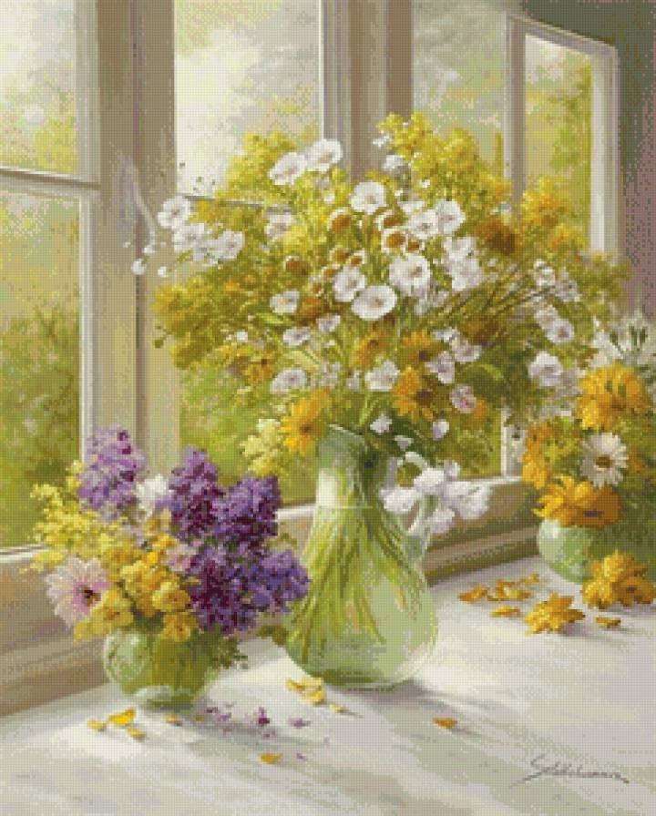цветы в вазе у окна - натюрморт, сирень, окно, ваза, цветы, ромашки, живопись, букет - предпросмотр
