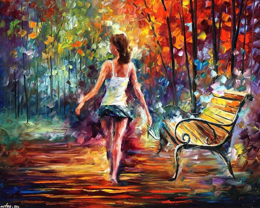 девушка в парке - девушка, краски, скамейка, живопись, парк - оригинал