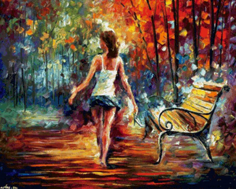 девушка в парке - живопись, скамейка, парк, девушка, краски - предпросмотр