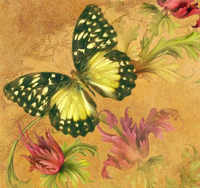 бабочка и цветы - бабочка, цветок, панно, подушка - оригинал