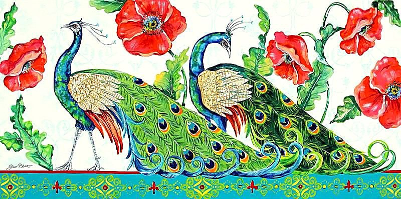 панно с павлинами и маками - орнамент, цветы, павлины, панно, птицы, маки - оригинал