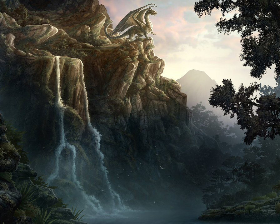 Дракон на скале - горы, лес, природа, скала, дракон, фентези - оригинал
