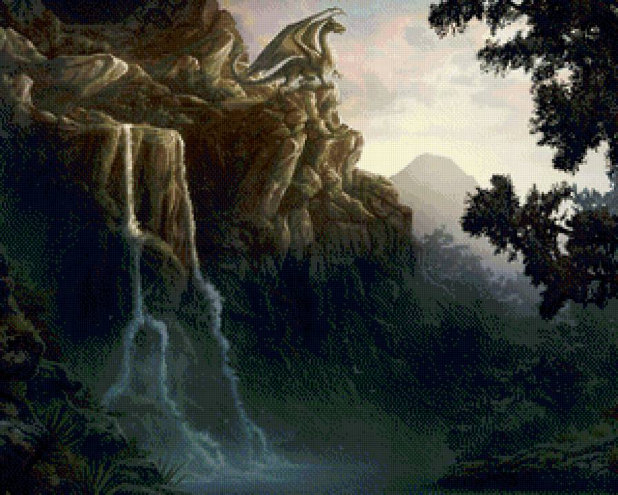 Дракон на скале - скала, дракон, лес, горы, фентези, природа - предпросмотр