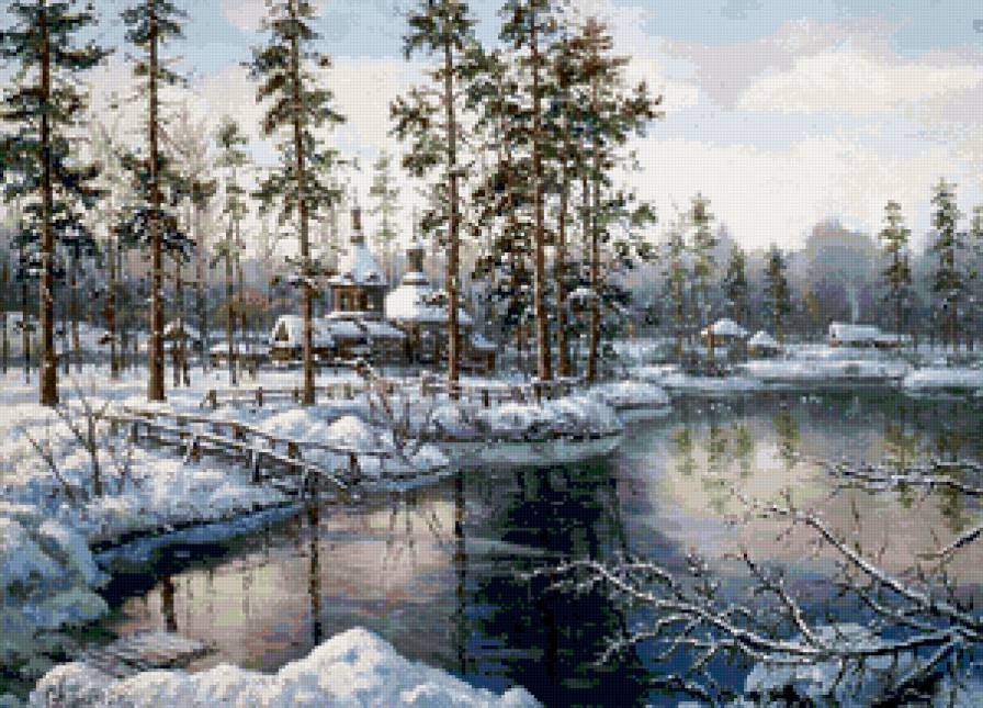 зимний деревенский пейзаж с церковью - мороз, природа, деревня, пейзаж, церковь, живопись, зима, снег - предпросмотр