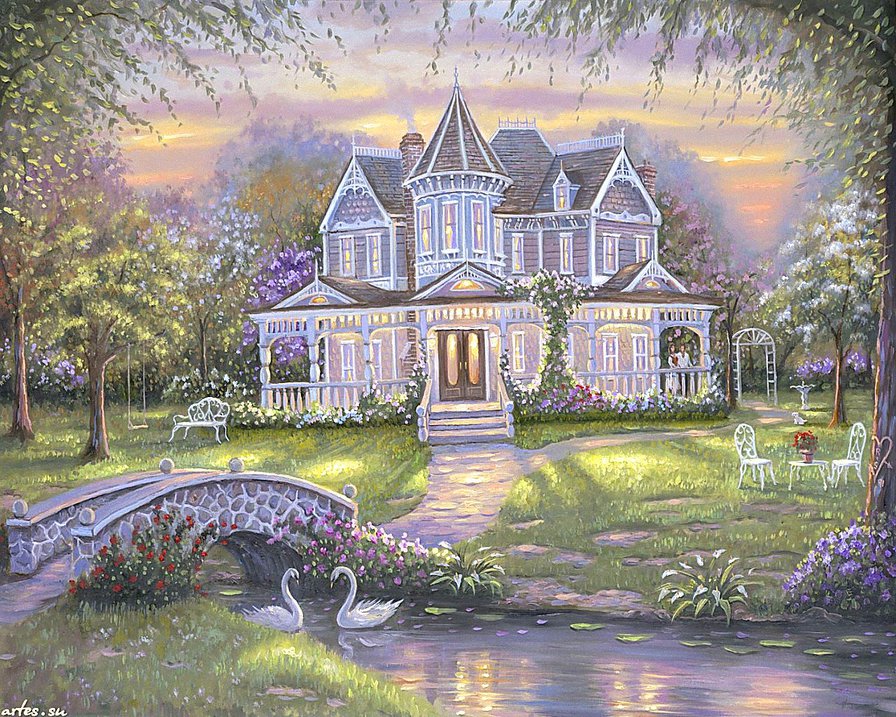 дом мечты - река, сад, мечта, лебеди, природа, живопись, мост, пейзаж, дом - оригинал