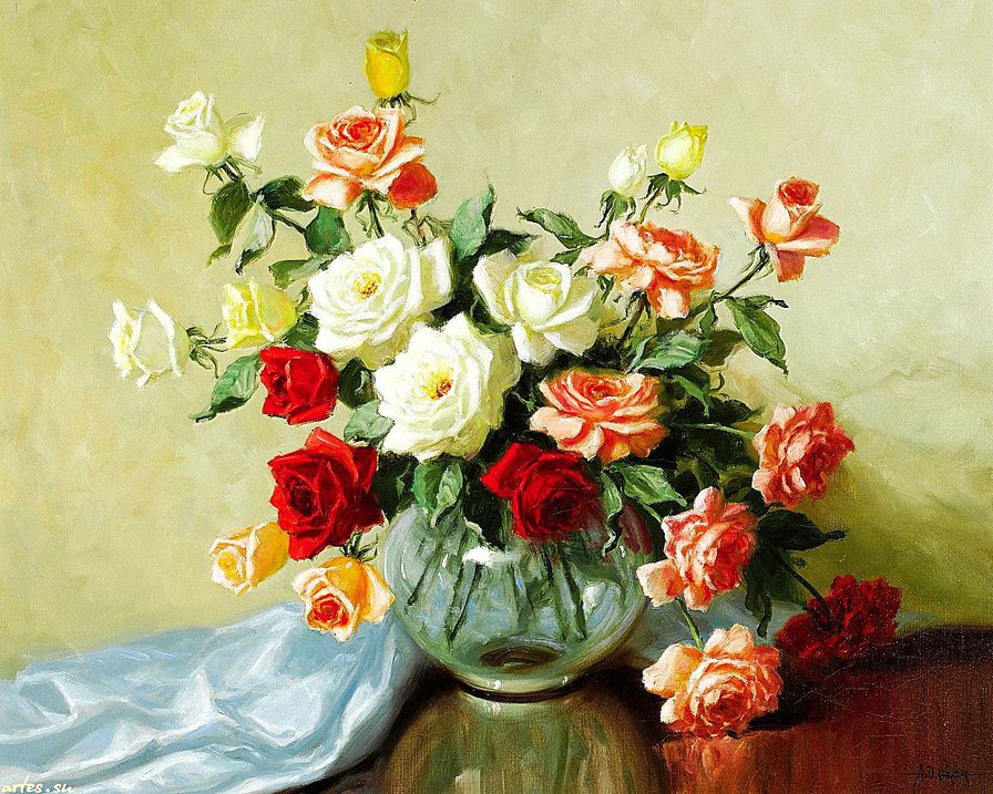 розы в стеклянной вазе - натюрморт, букет, ваза, живопись, нежность, цветы, розы - оригинал