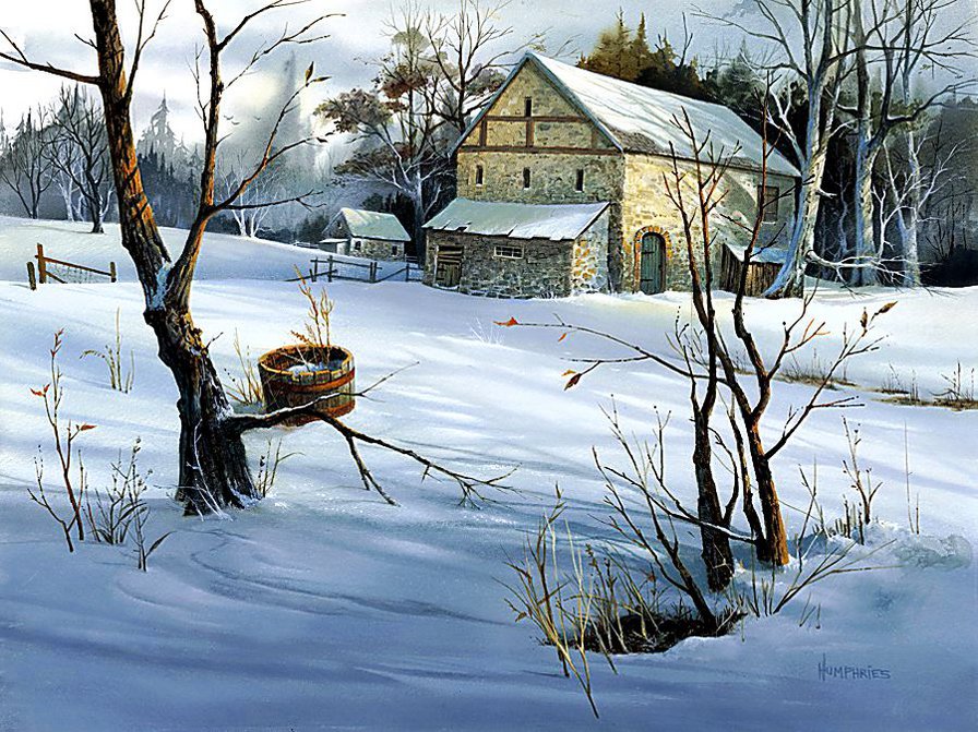 зима в деревне - живопись, природа, мороз, деревня, зима, домик, снег, пейзаж - оригинал