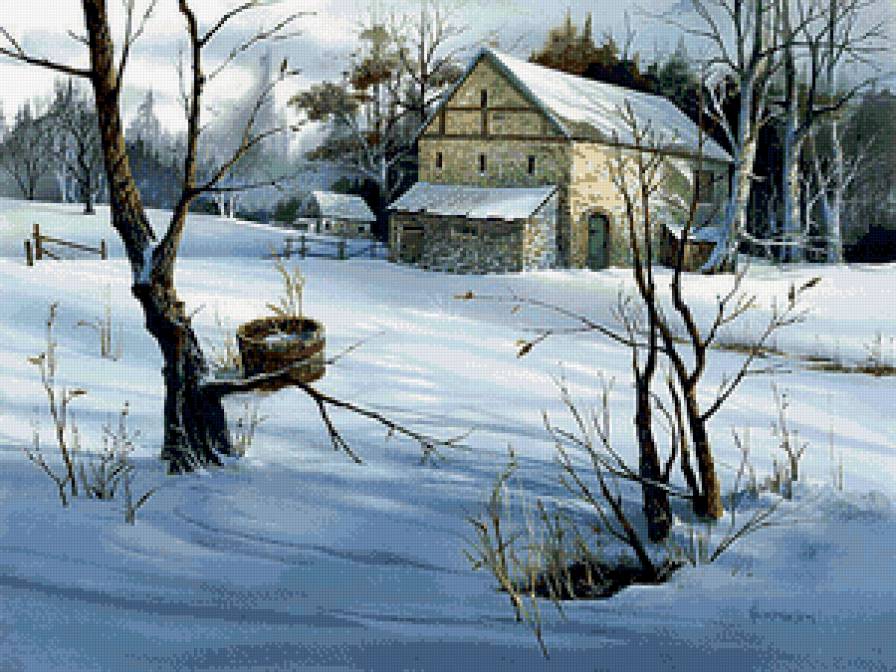 зима в деревне - мороз, пейзаж, снег, зима, природа, живопись, домик, деревня - предпросмотр